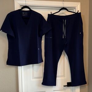 Figs Navy Scrub Set (Petite Pants) with Gray Drawstring